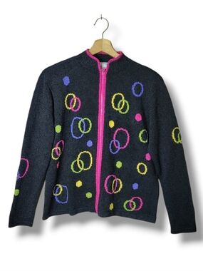 South Cotton Vintage Full Zip Cardigan Neon Circles Size XL
